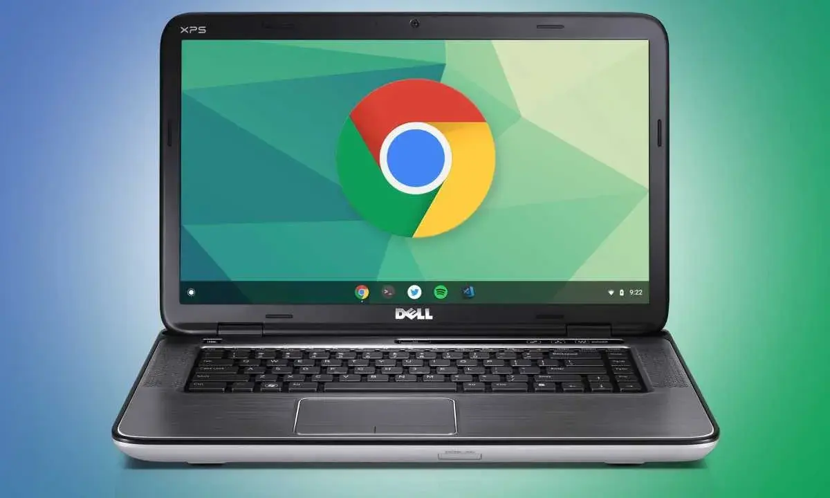 En Dell XPS-dator med ChromeOS Flex som körs, med den ikoniska Chrome-logotypen på skärmen.