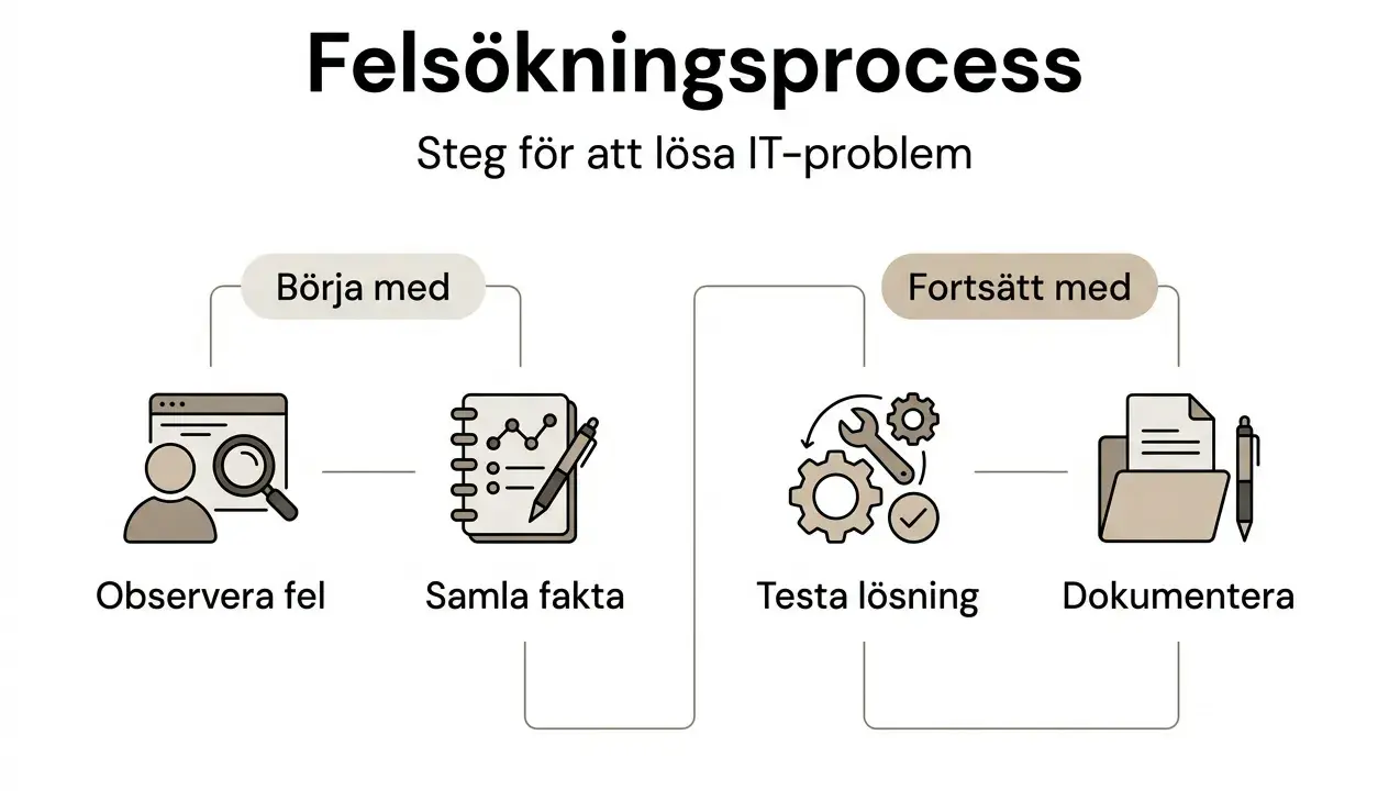Felsökningsprocess: Observera fel, samla fakta, testa lösning, dokumentera. Perfekt när datorn startar inte.