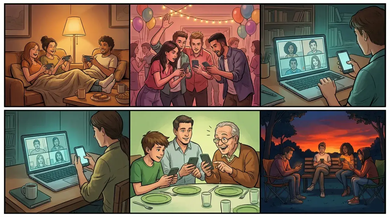 Vänner och familj njuter av roliga spel på mobilen, både tillsammans och på distans.