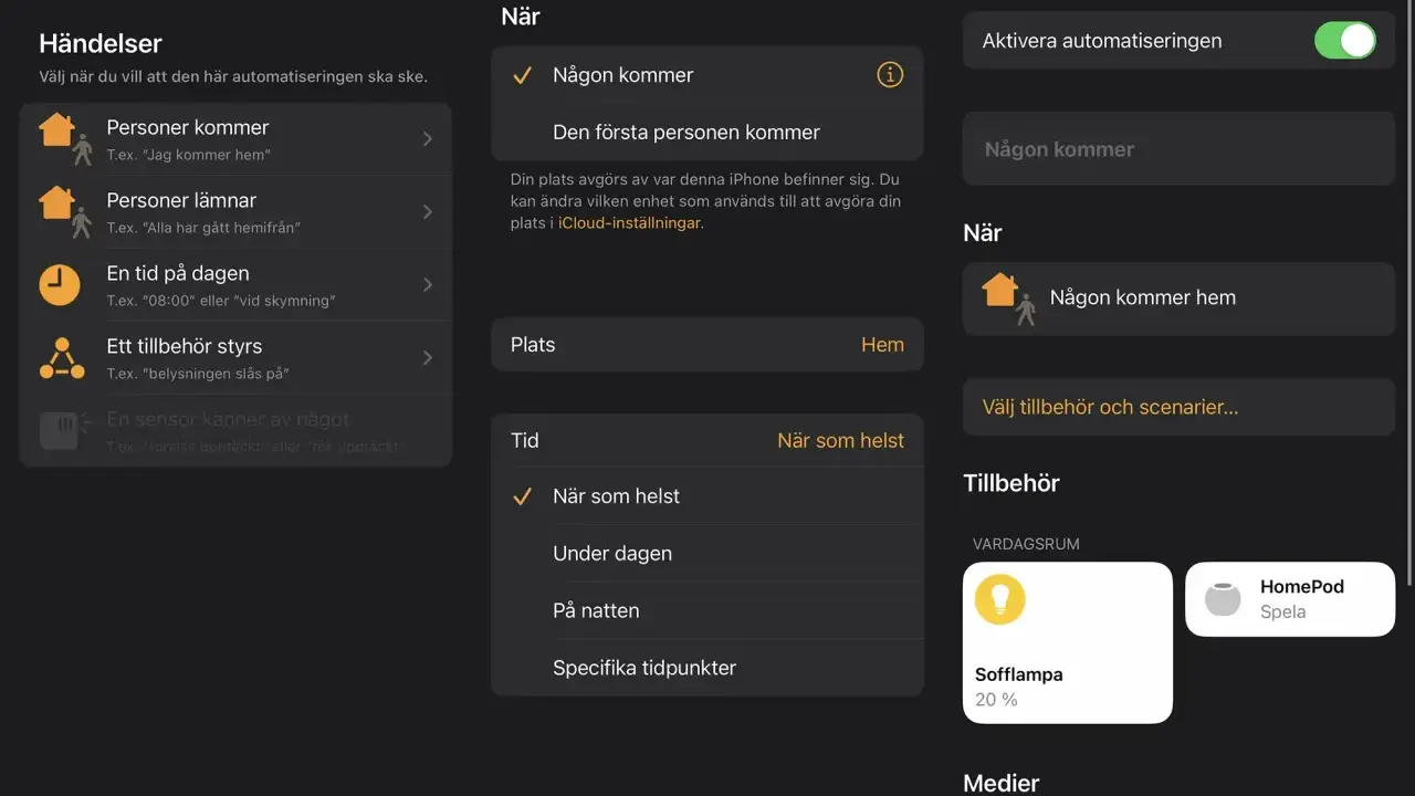 Testar en Apple HomePod mini-automatisering för när någon kommer hem.