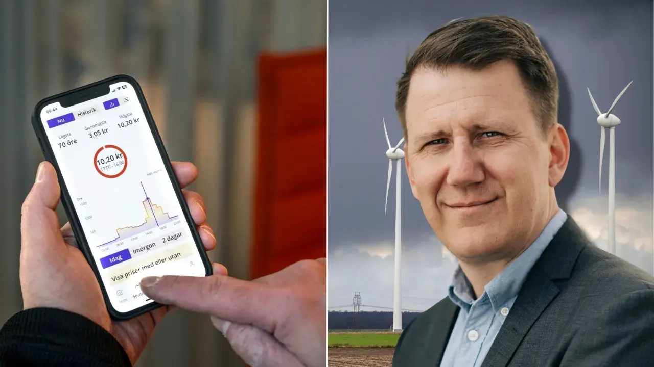 En hand håller en mobil med elpriskollen app som visar elpriser. Bredvid en man med vindkraftverk i bakgrunden.