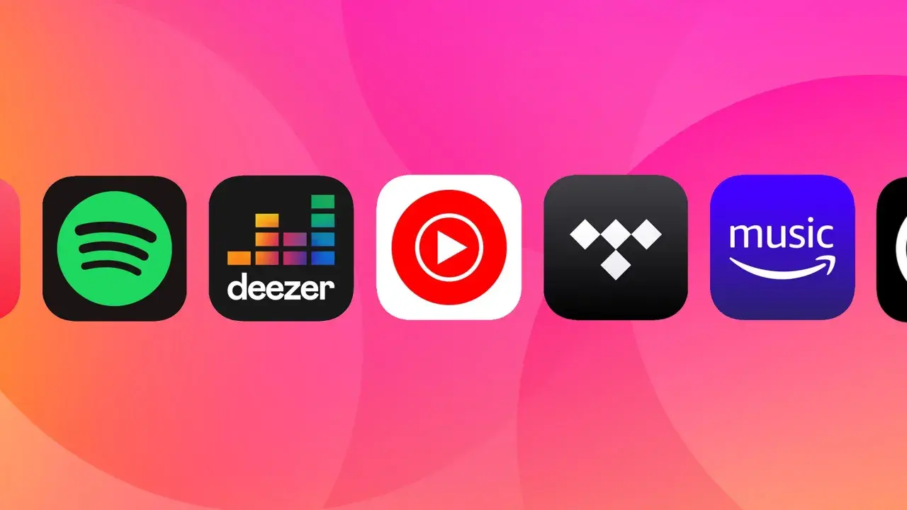 Ikoner för musikappar som Spotify, Deezer, YouTube Music, Tidal och Amazon Music. Vilken tjänst vinner i en deezer vs spotify-strid?