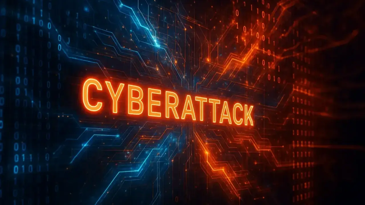 Glödande text "CYBERATTACK" mot en bakgrund av binär kod och kretskort. Detta illustrerar vad som kan hända vid en cyberattack.