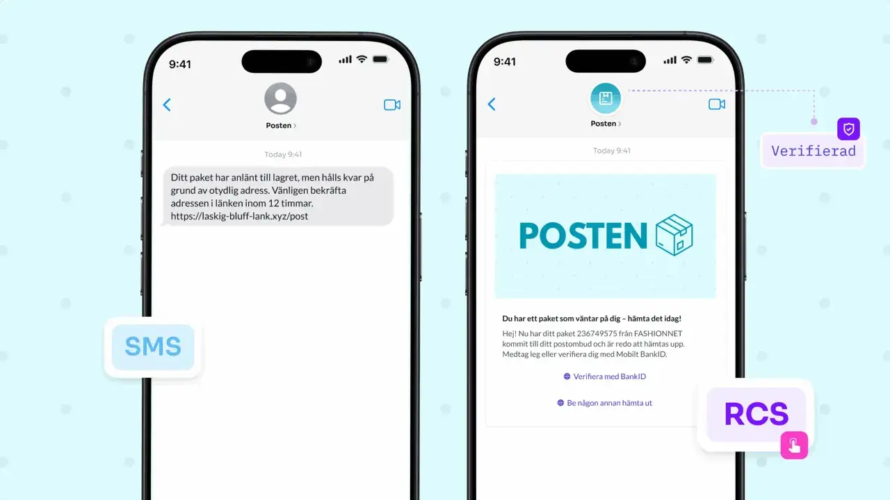 Två mobilskärmar visar meddelanden från "Posten". SMS-meddelandet varnar för en bluff-faktura och en länk. RCS-meddelandet ser äkta ut, men kan vara en del av bluffen.