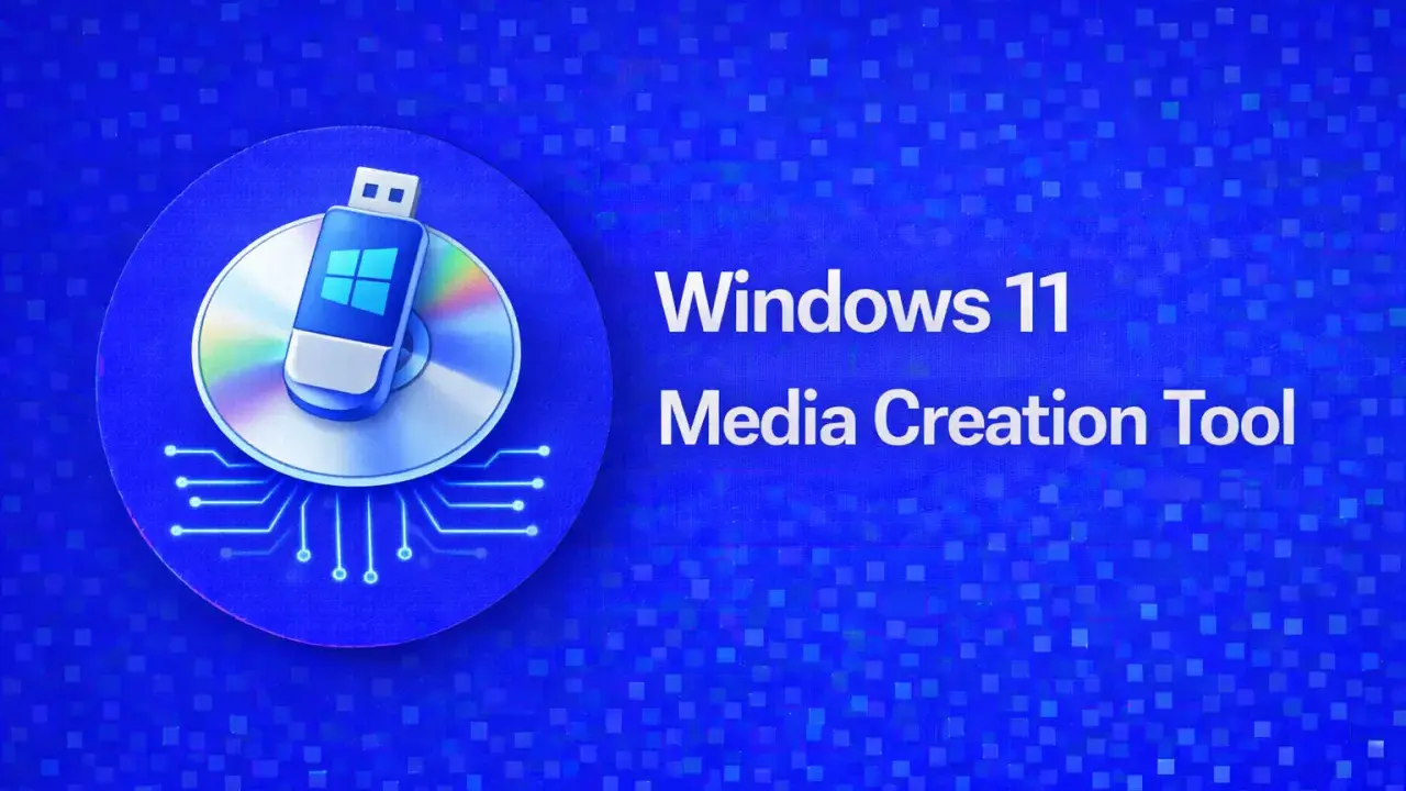 Windows 11 Media Creation Tool med en USB-stick med Windows-logotypen ovanpå en CD.