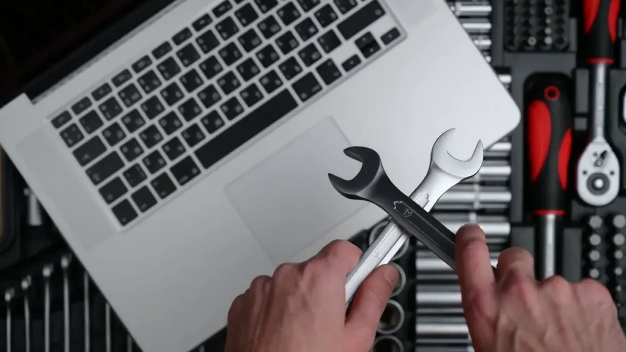 Händer håller skiftnycklar över en laptop, redo att fixa ett Windows 11-problem. Verktygslåda synlig.