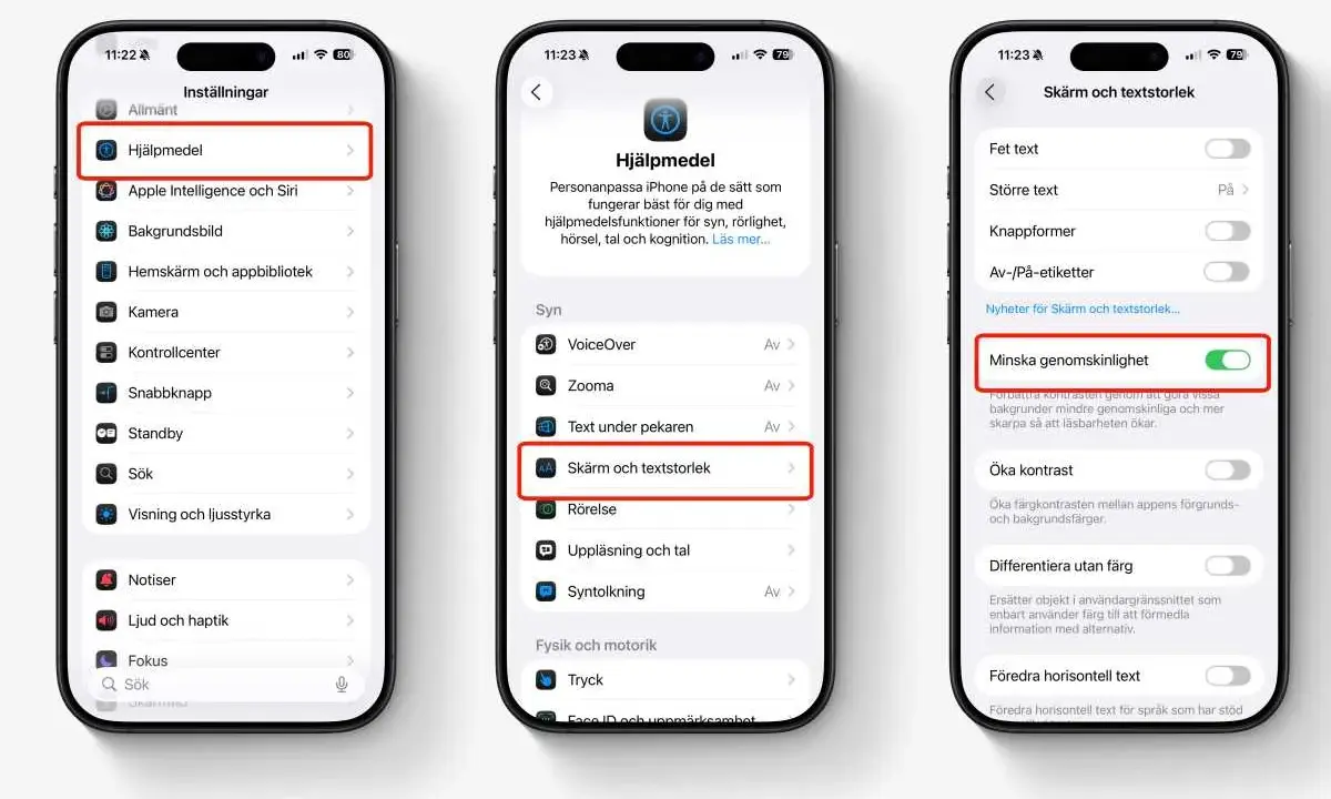 Ikoner visar inställningar för iOS 19, med fokus på "Minska genomskinlighet" för bättre läsbarhet.