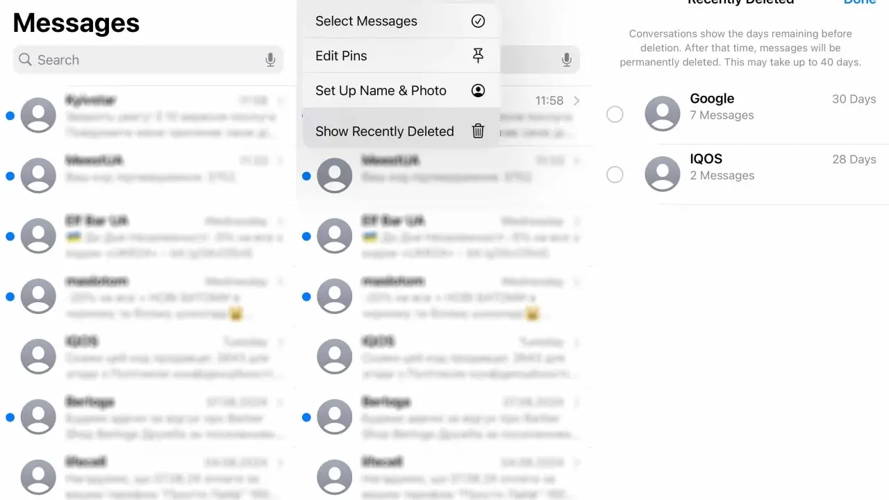 Visar hur man hittar raderade sms på iPhone. Konversationer finns kvar i 30 dagar innan de raderas permanent.