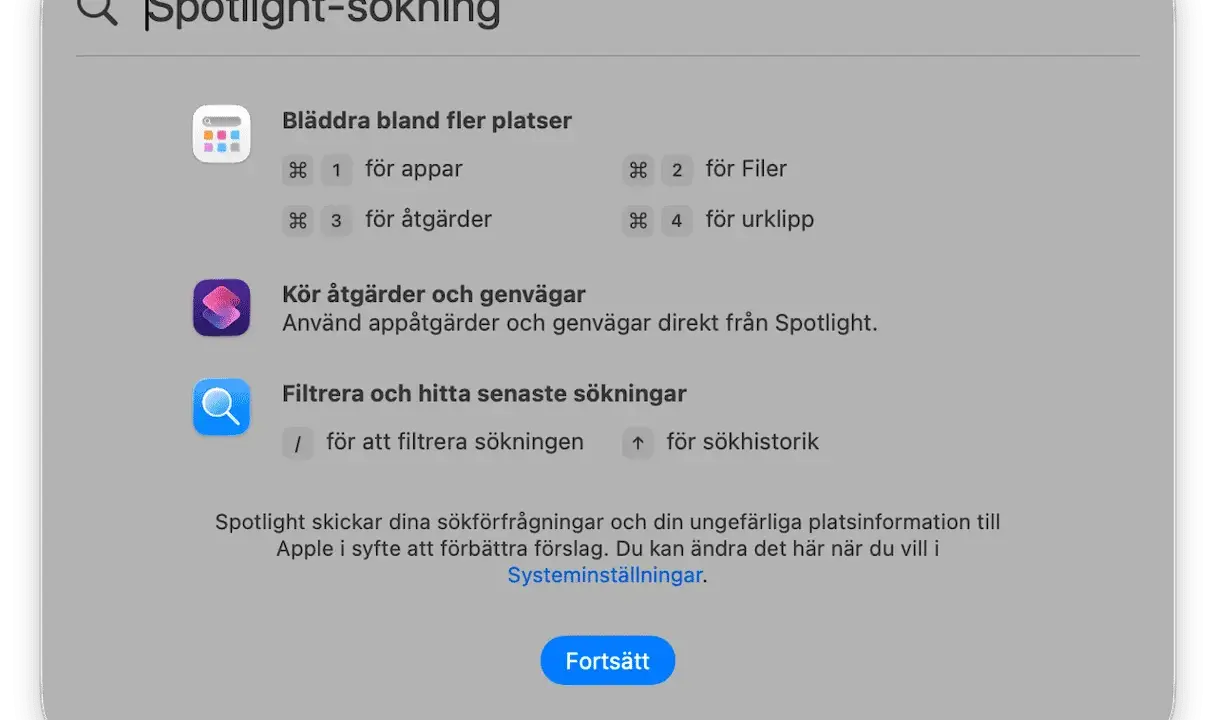 Spotlight-sökning i senaste macOS visar hur du bläddrar bland appar, filer, åtgärder och urklipp.