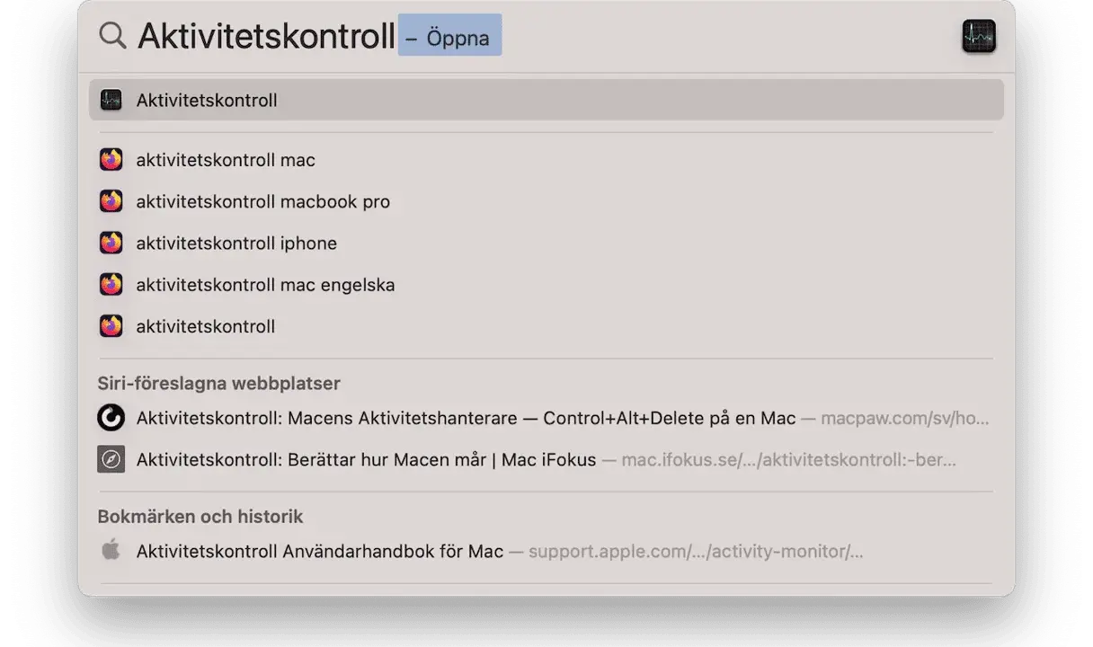 Sökresultat för Aktivitetskontroll på Mac. Visar appen, relaterade sökningar och webbplatser.