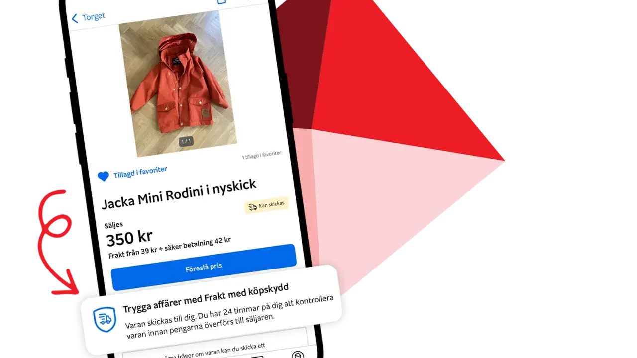 En telefon visar en annons för en röd barnjacka på Blocket. Ett meddelande om frakt med köpskydd visas.