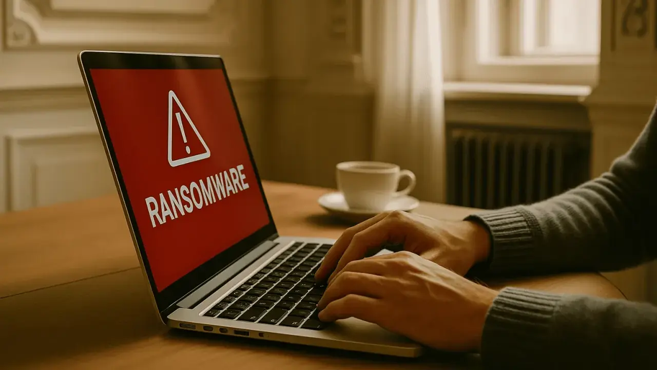 En varning om ransomware visas på en laptop. En person skriver på tangentbordet, en kaffekopp står bredvid.