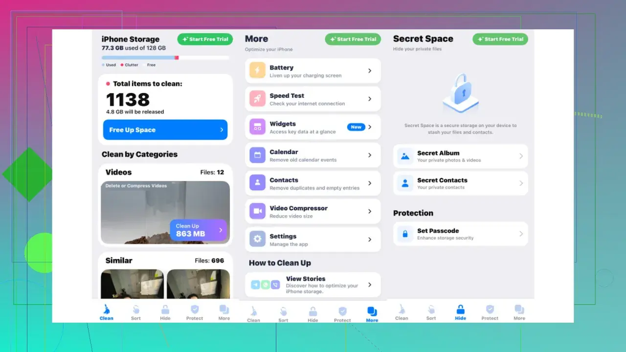 Appen hjälper dig att avlasta appar iPhone genom att frigöra 4.8 GB utrymme. Rensa videor, kontakter och mer.