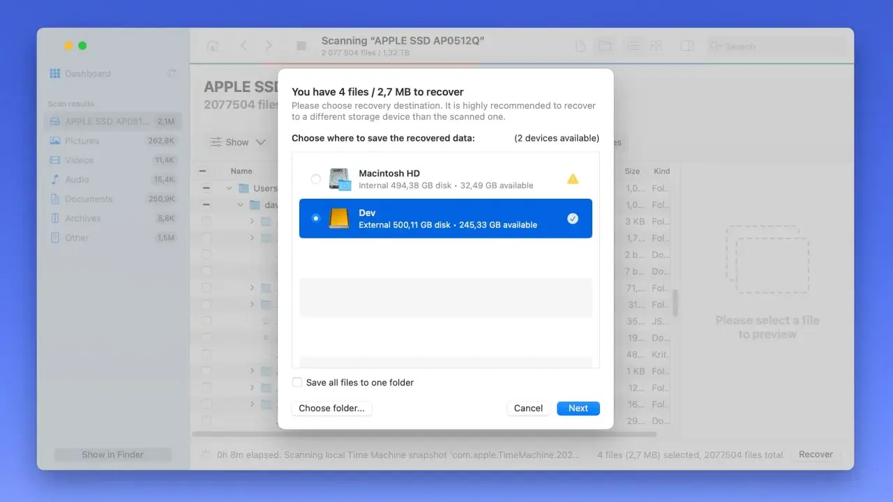Återställ 4 filer på Mac. Välj destination för att återställa data, t.ex. "Dev" för att visa dolda filer mac.