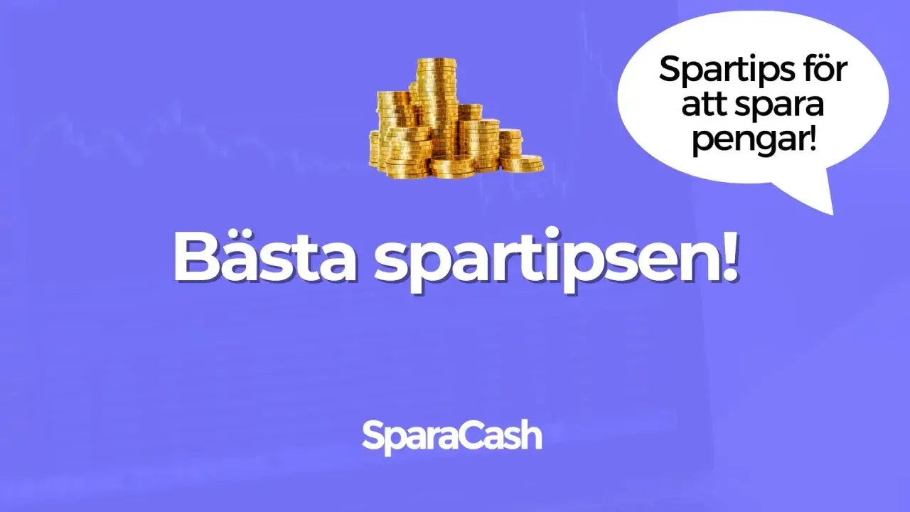 Bästa spartipsen! En pratbubbla säger "Spartips för att spara pengar!". En hög med guldpengar syns ovanför texten. Perfekt för dig som vill byta dator och spara pengar.