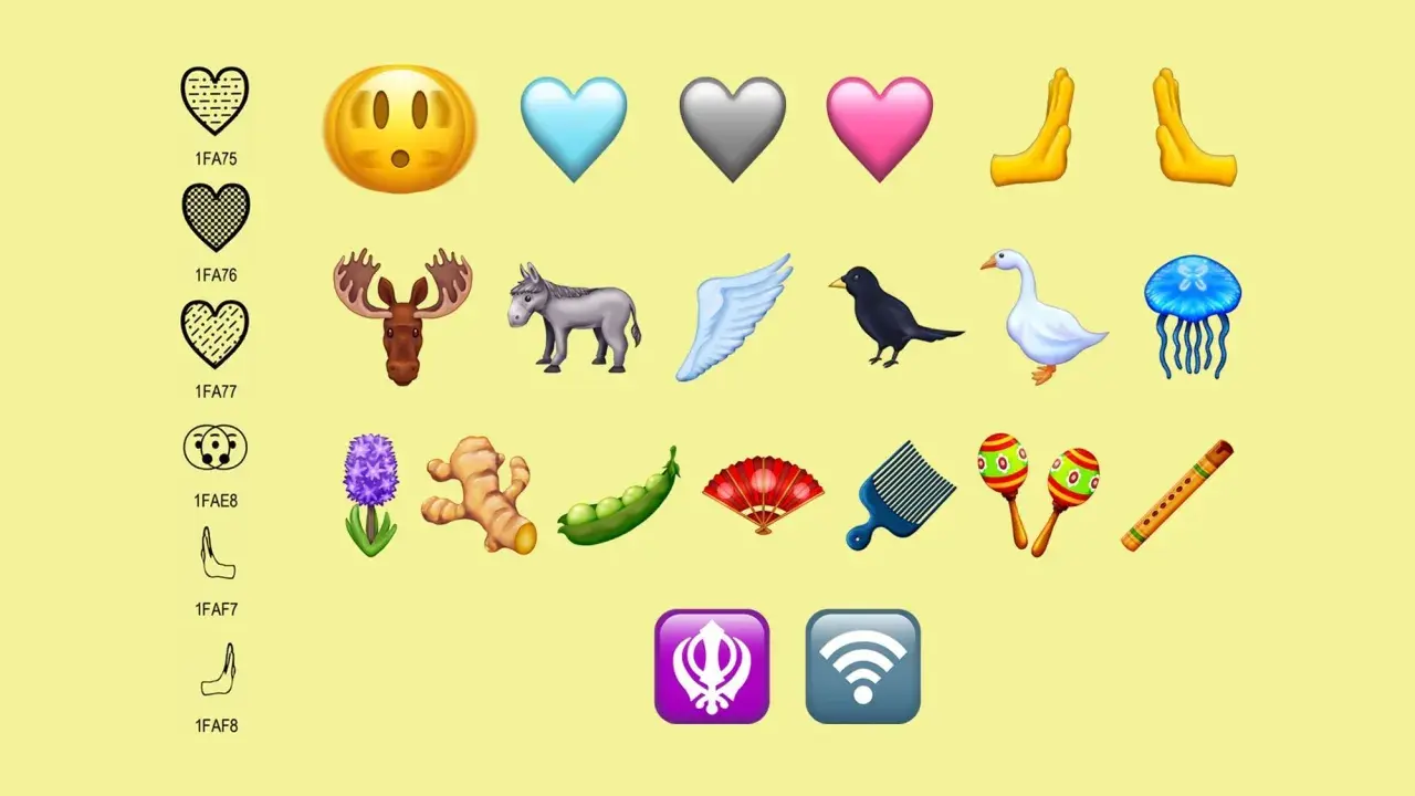 Nya emojis visar hjärtan, en älg, en åsna, en fågel, en gås, en manet, en hyacint, ingefära, ärtor, en solfjäder, en kam, maracas, en flöjt, händer som ber, en sikh-symbol och en wifi-symbol.