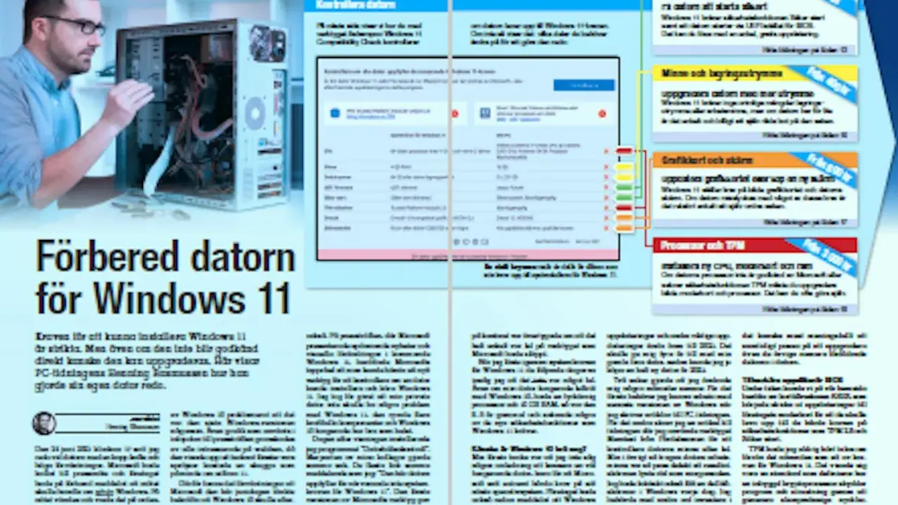 Man förbereder en dator för Windows 11. Artikeln listar systemkrav för Windows 11 och hur man kontrollerar sin dator.