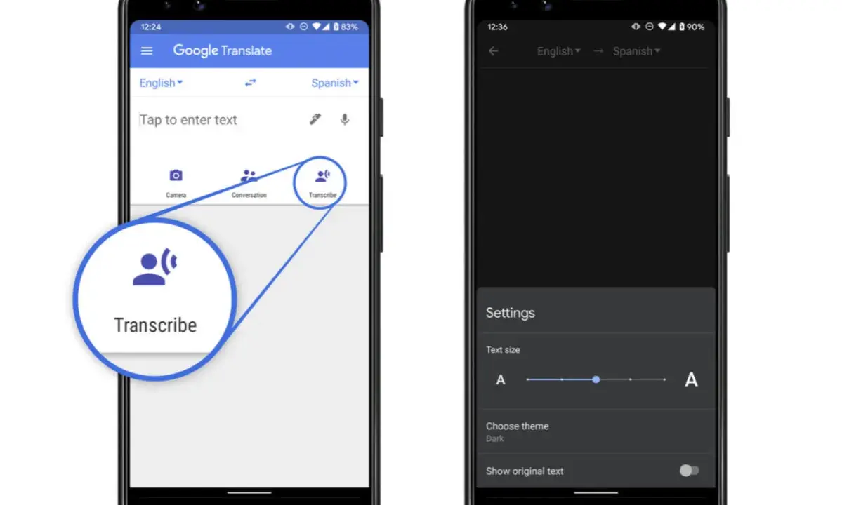 Google Translate-appen visar funktionen Transcribe. Använd google translate kamera för att översätta tal i realtid.