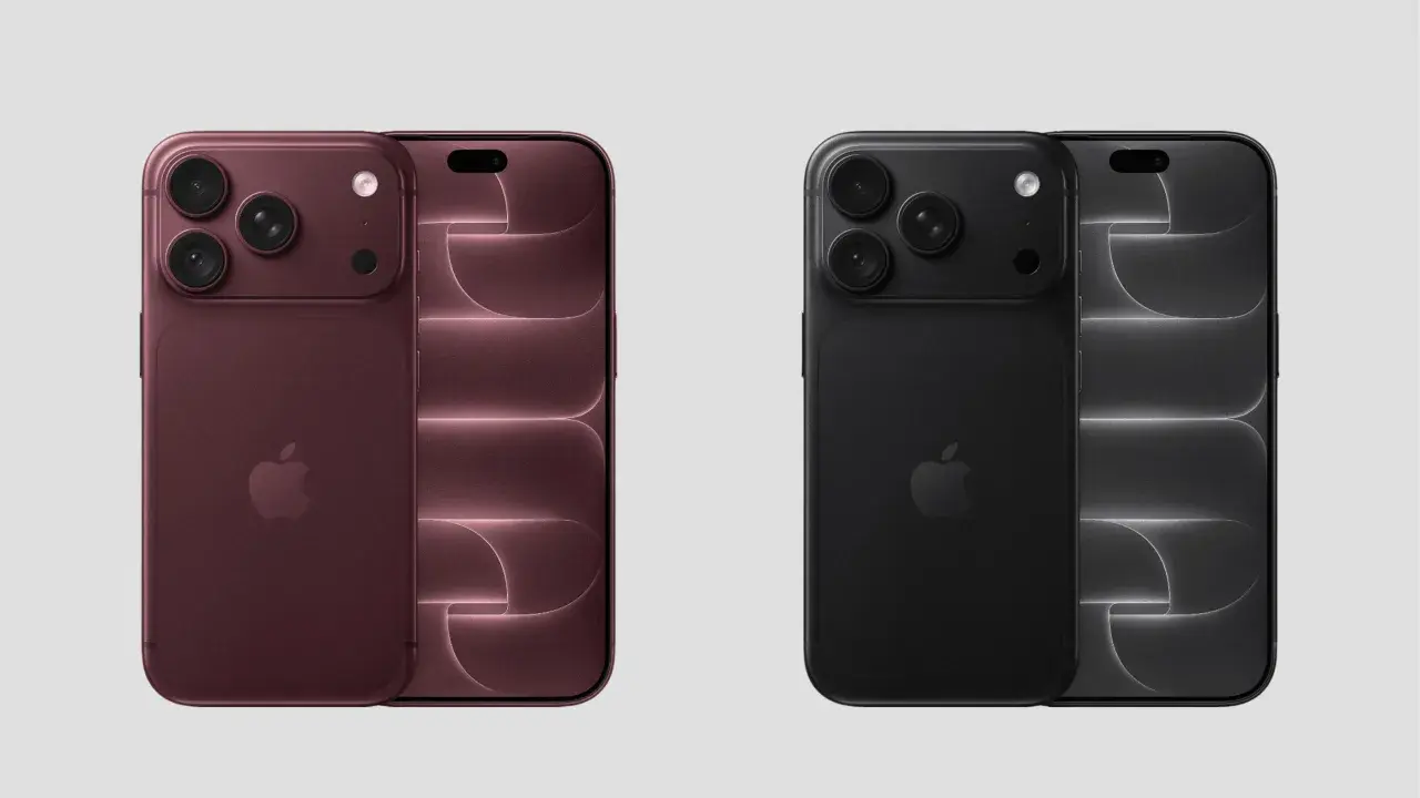 Två iPhones, en i mörkrött och en i svart, med tre kameror på baksidan. Kanske en framtida iPhone 18?