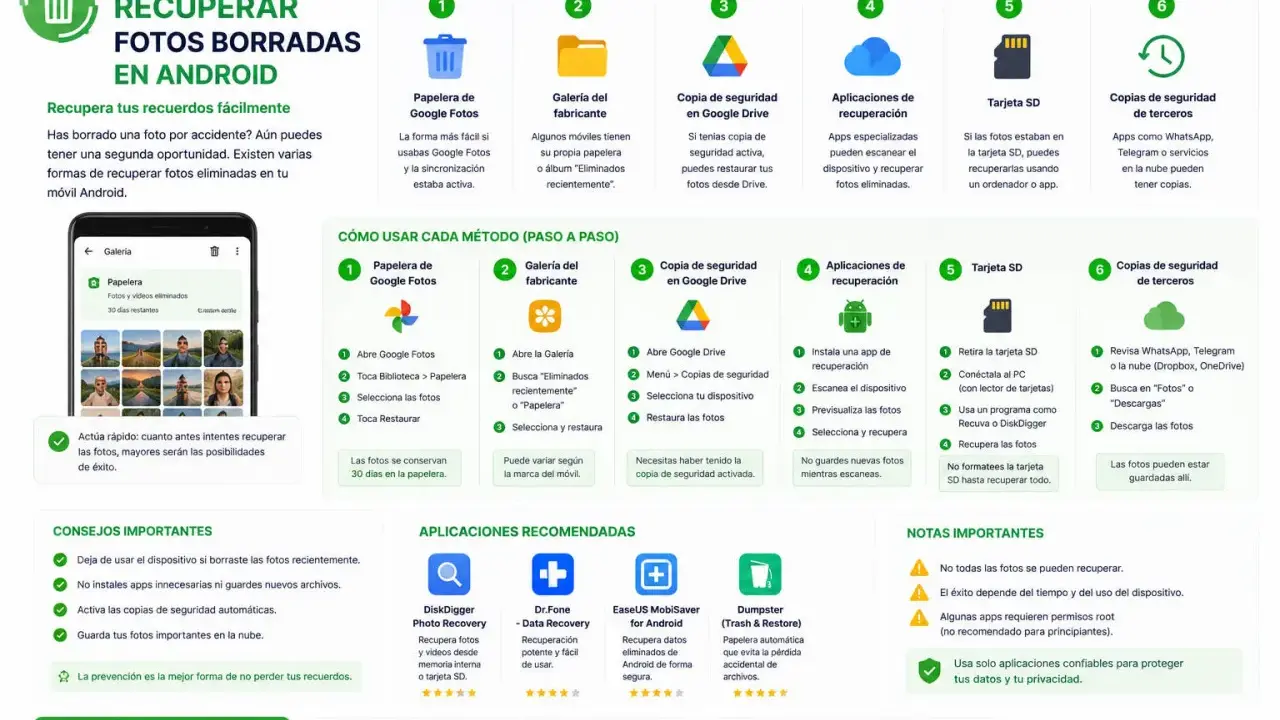 Guide för att återställa raderade foton på Android. Visar 6 metoder, inklusive Google Foton, molnlagring och appar. Aktivera säkerhetskopior för att undvika att förlora dina senast raderade minnen.