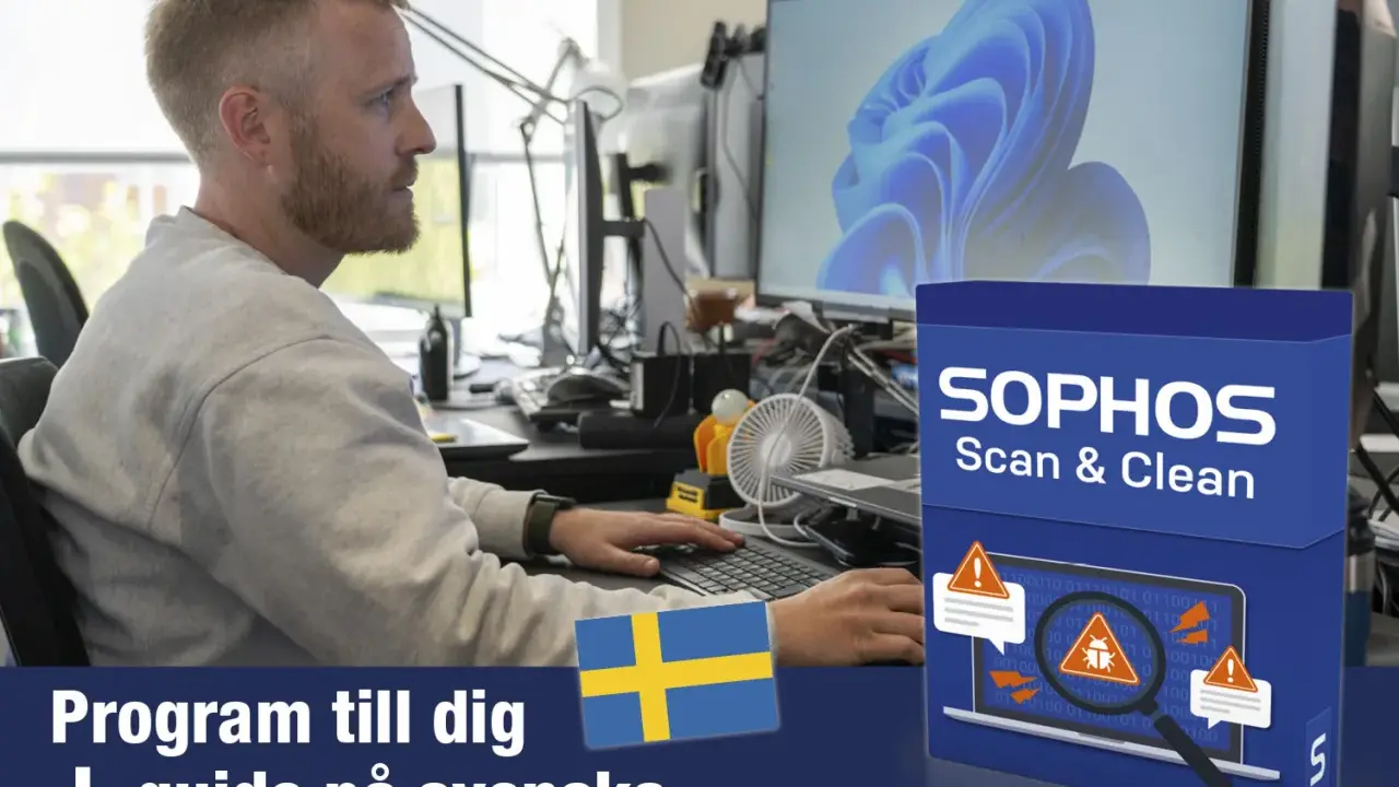 Man arbetar vid datorn med en Sophos Scan & Clean-produkt. Programmet hjälper till att rensa virus från Android och levereras med en svensk guide.