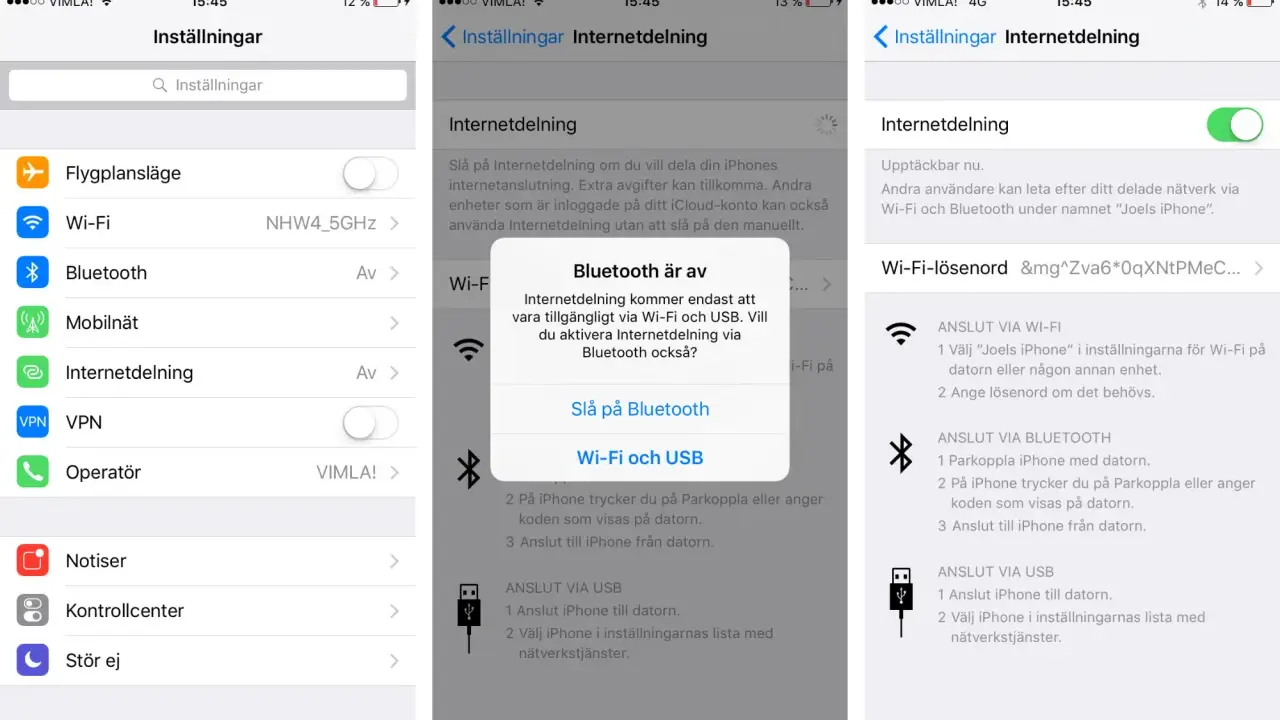 Inställningar för att dela internet från en iPhone. Välj Wi-Fi och USB för att aktivera hotspot.
