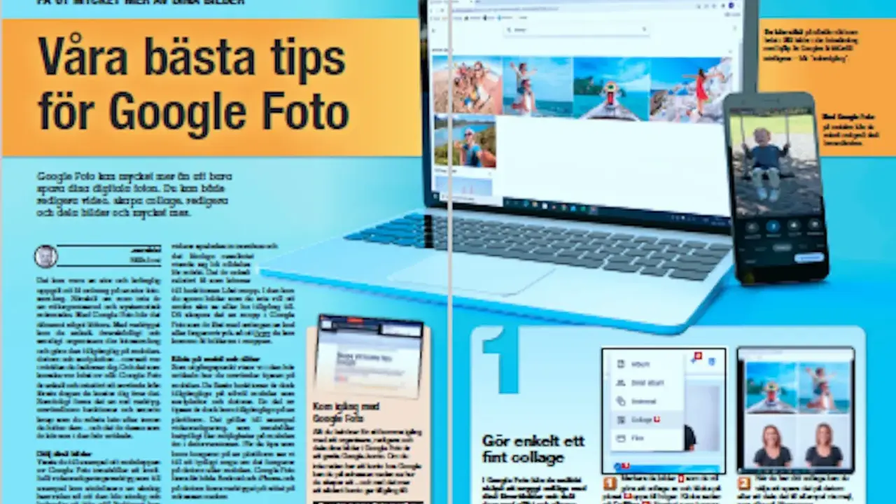 En dator och en mobiltelefon visar bilder från Google Foto. Artikeln ger tips för att få ut mer av dina bilder med Google Foto.