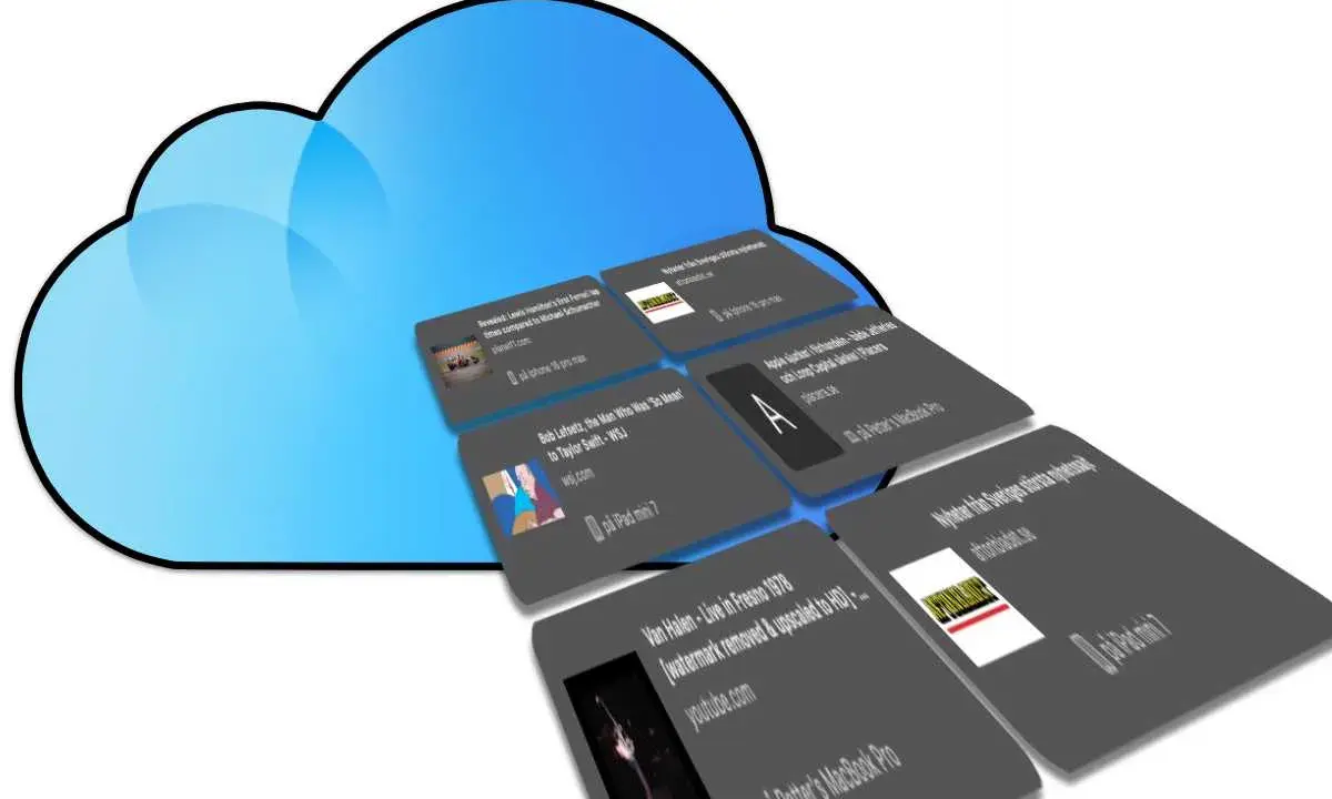 Flikar på en iPhone som visas i en molnliknande grafik. Flikarna visar olika nyhetsartiklar och videor.