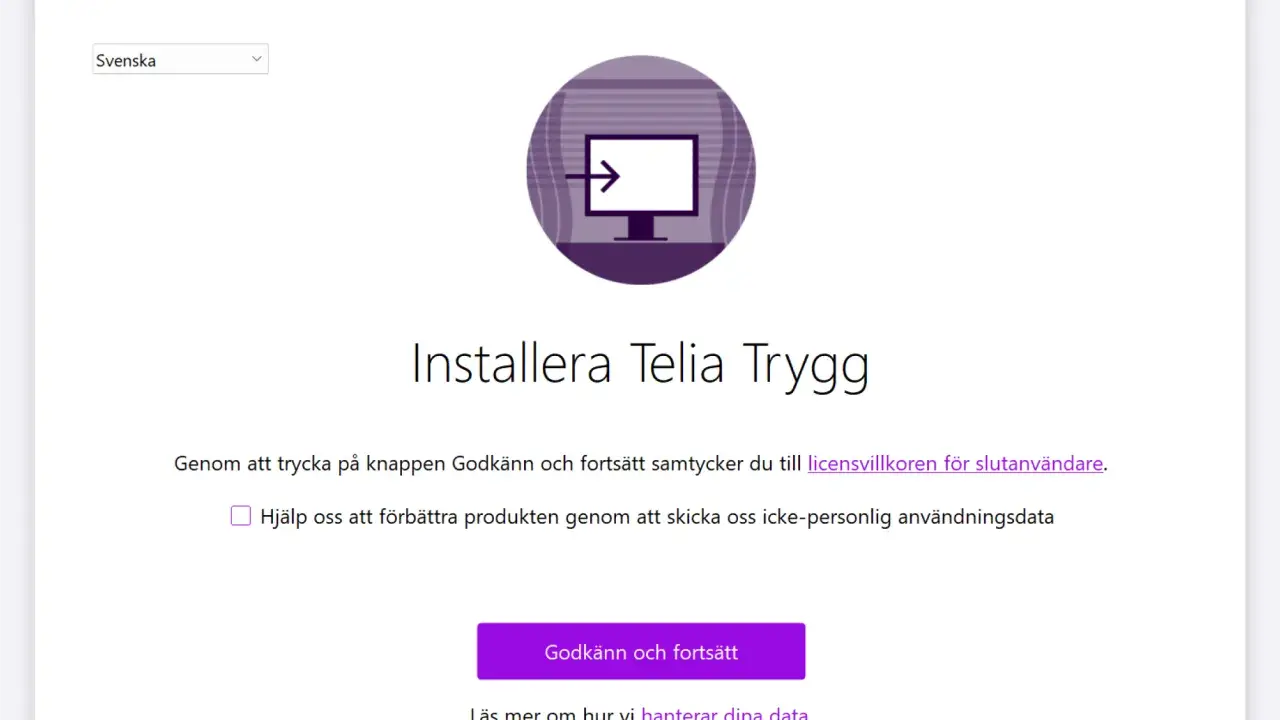 Installerar Telia Trygg. Välj språk och godkänn villkoren för att fortsätta installationen av telia appen.