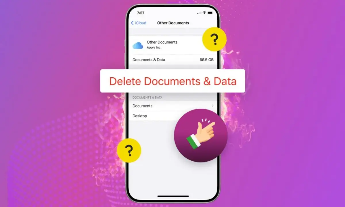 Rensa filer på iPhone. En skärmbild visar hur du tar bort dokument och data från iCloud.