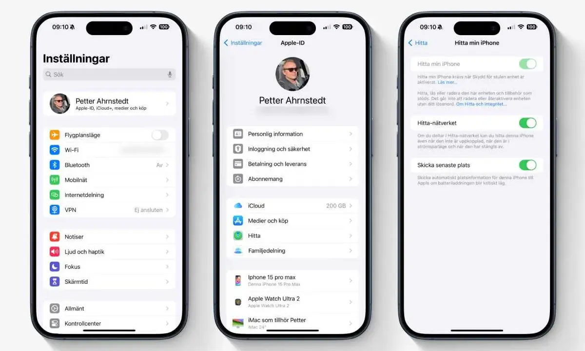 Inställningar på iPhone visar hur du kan aktivera Hitta min iPhone för att skydda din enhet.