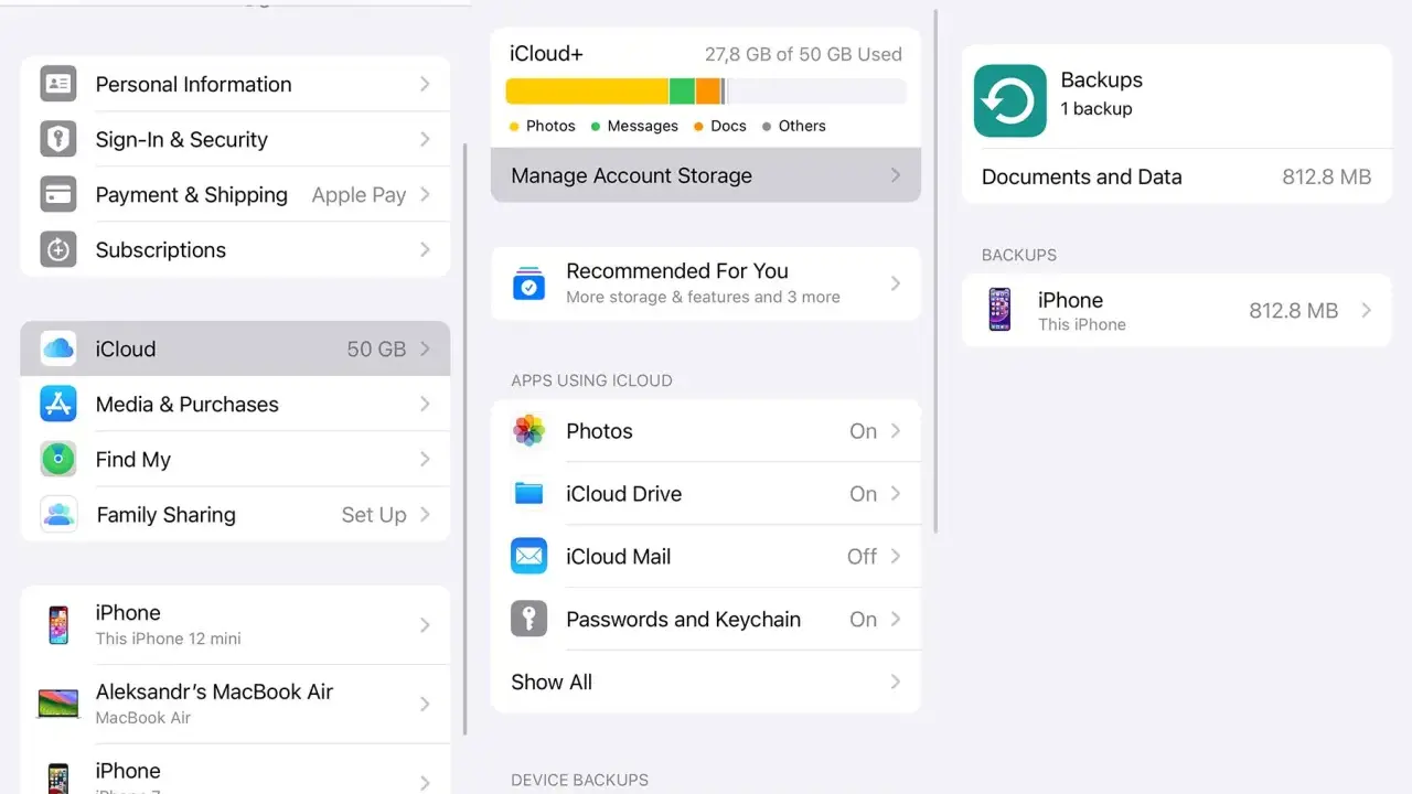 Inställningar för iCloud på iPhone. Här kan du hantera lagring, appar som använder iCloud och säkerhetskopior. För att radera sms iPhone, gå till "Hantera lagring" och välj sedan "Foton" eller "Meddelanden".