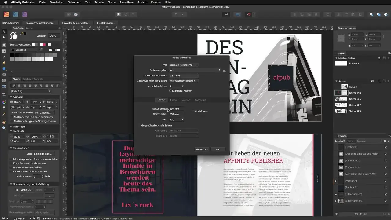 Affinity Publisher-fönstret visar inställningar för ett nytt dokument, med sidstorlek A4 och 297 mm bredd.
