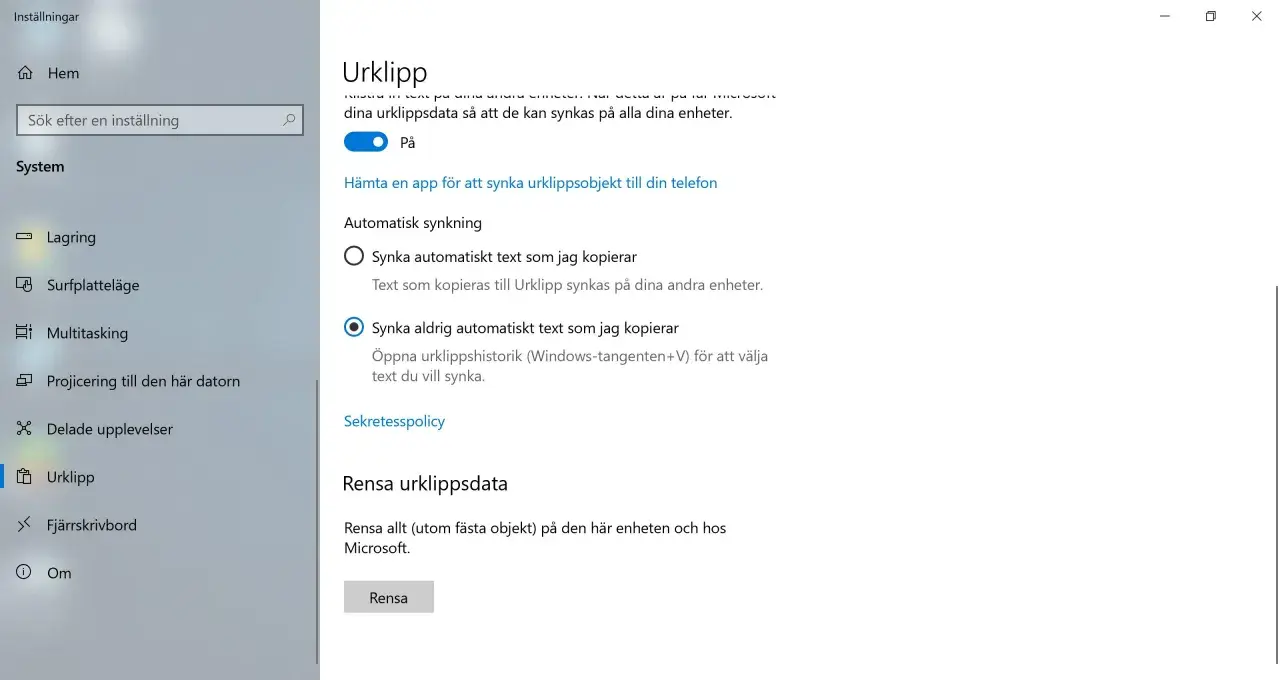 Windows inställningar för Urklipp. Här kan du aktivera synkronisering av urklippsobjekt mellan enheter.