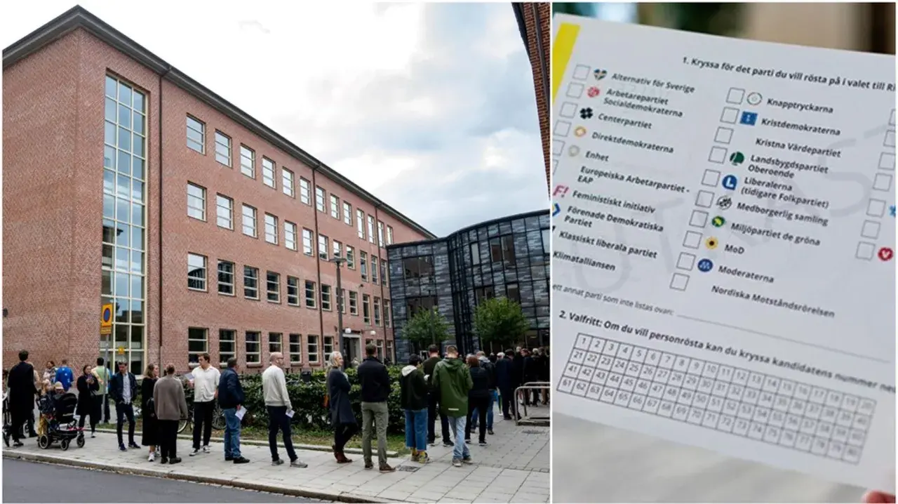 Valdeltagande utanför en röd tegelbyggnad, med en valsedel i förgrunden. Ring 073 telefonnummer för mer information.