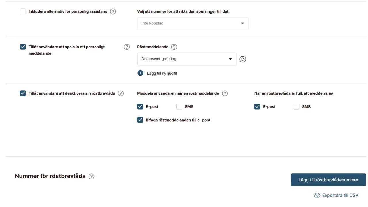 Inställningar för Comviq telefonsvarare: aktivera, personliga meddelanden, röstmeddelanden och aviseringar via e-post.