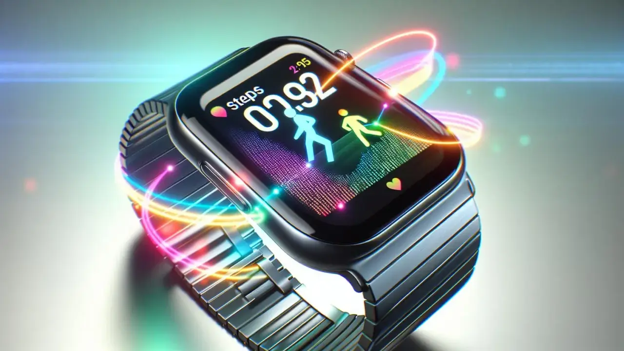 En Apple Watch med färgglada ljusstrålar som virvlar runt. Skärmen visar stegräknare och löpande figurer. Perfekt för dig som vill hitta din nya träningskompis.