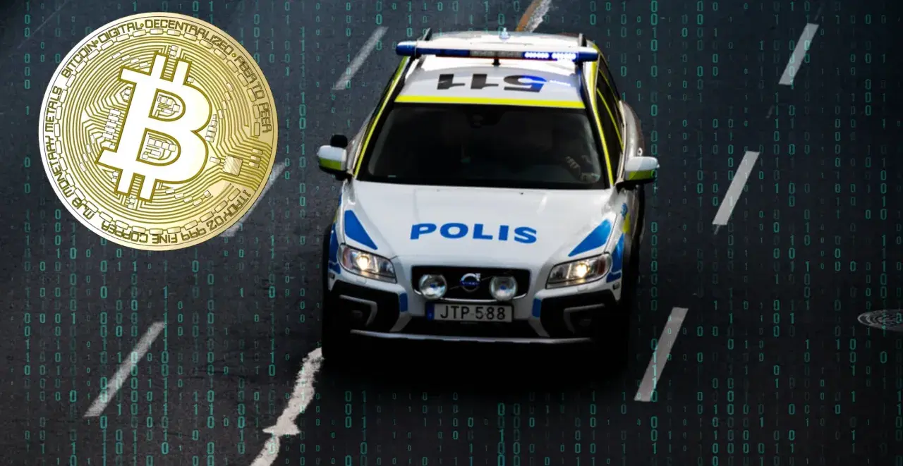 Polisbil på väg, med en bitcoin-symbol och digital kod som antyder en bitcoin sverige bluff.