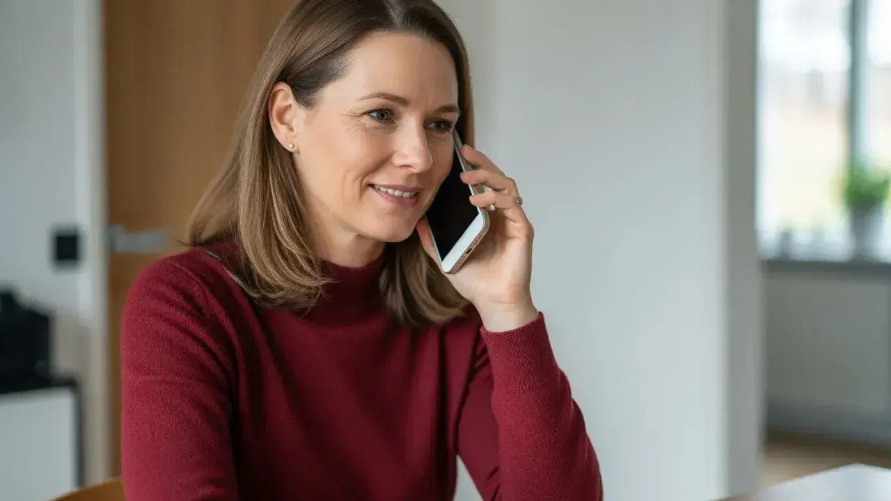 Kvinna pratar i telefon, kanske för att ringa till Sverige från utlandet.