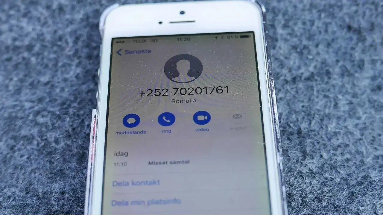 Senaste samtal från Somalia, nummer +252 70201761. Ett missat samtal idag kl 11:10.