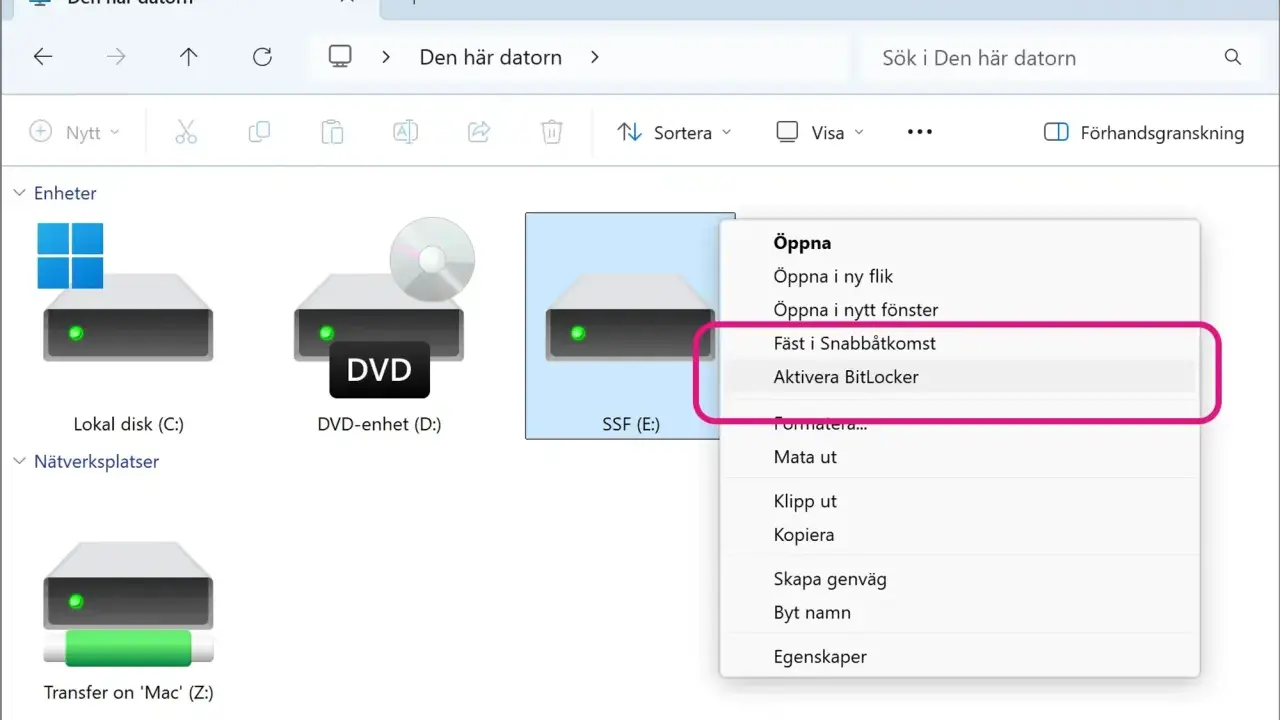 Aktivera BitLocker för att kryptera USB-minne eller annan enhet. Säkerhetskopiera dina filer.