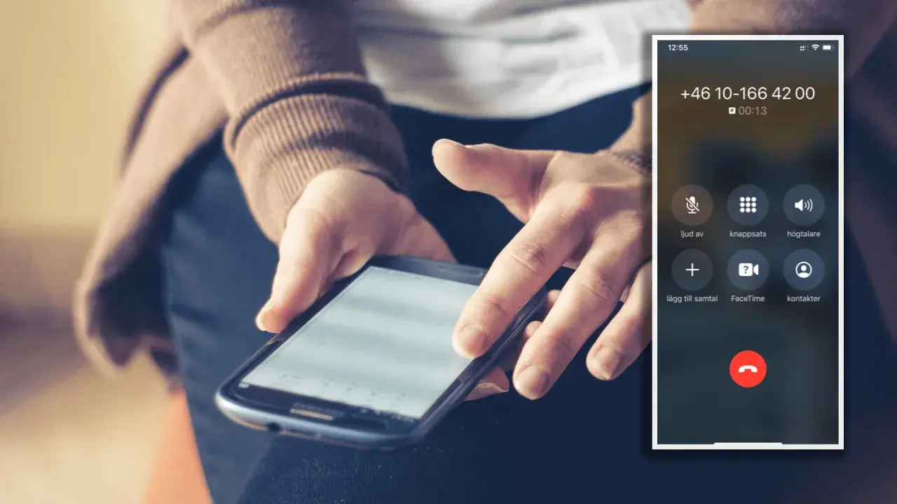 Person håller en mobiltelefon med en aktiv telefonsamtalsskärm. Skärmen visar nummer och alternativ för att hantera samtalet, som hur ringer man dolt.