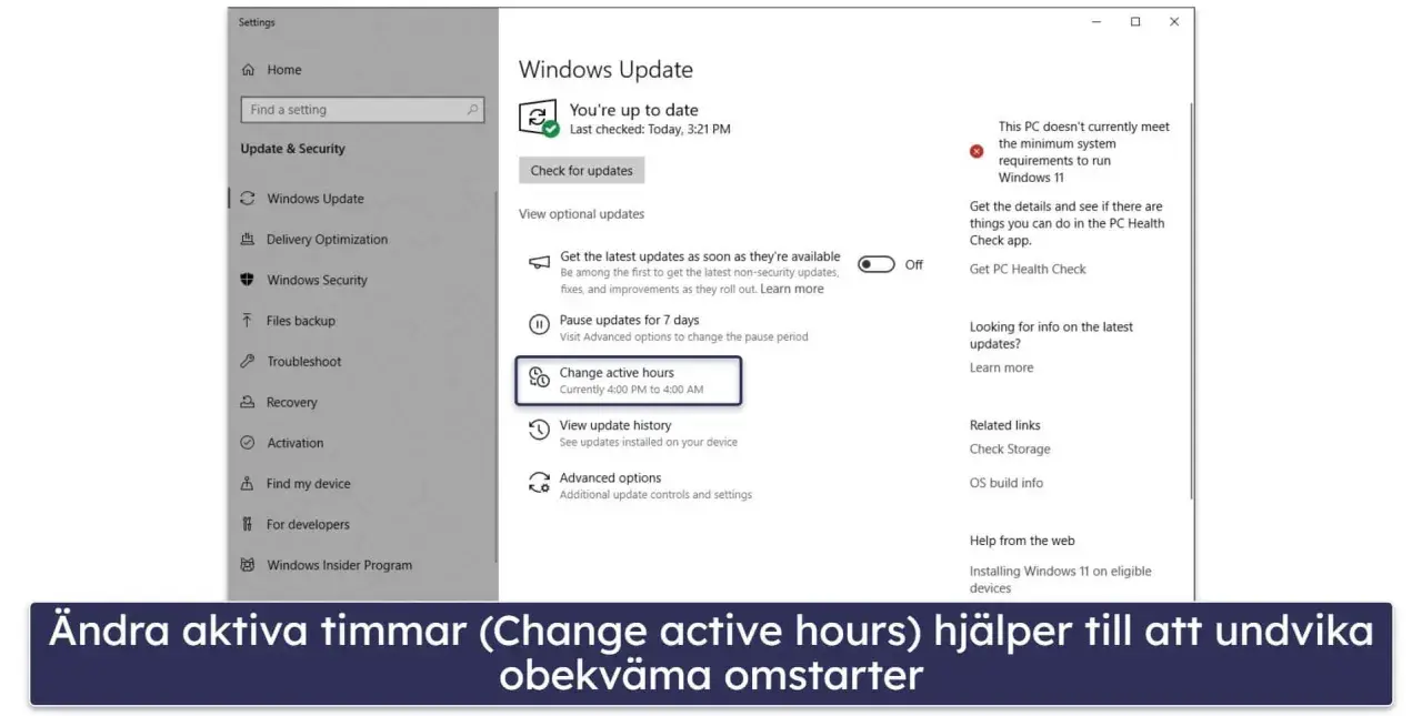 Inställningar för uppdateringar Windows 10 visar hur du ändrar aktiva timmar för att undvika omstarter.