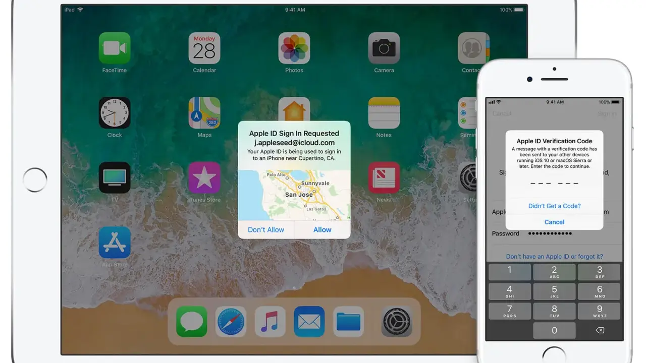 Tvåfaktorsautentisering iPhone: En begäran om inloggning på Apple ID visas på en iPad, medan en iPhone visar en verifieringskod för att fortsätta.