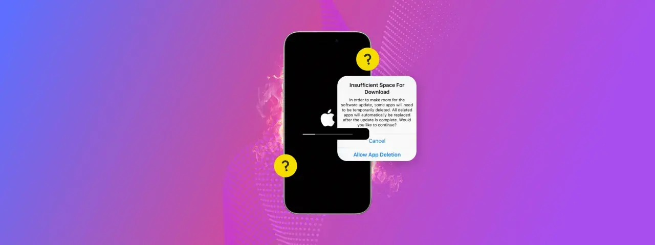 iPhone visar felmeddelande om otillräckligt utrymme för en iOS-uppdatering, som erbjuder att radera appar.