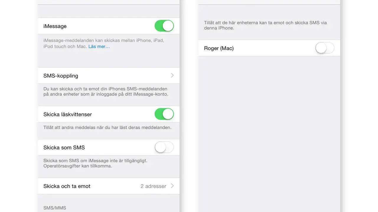 Inställningar för att skicka sms från datorn via SMS-koppling. Aktivera SMS-koppling för att skicka och ta emot meddelanden på andra enheter.