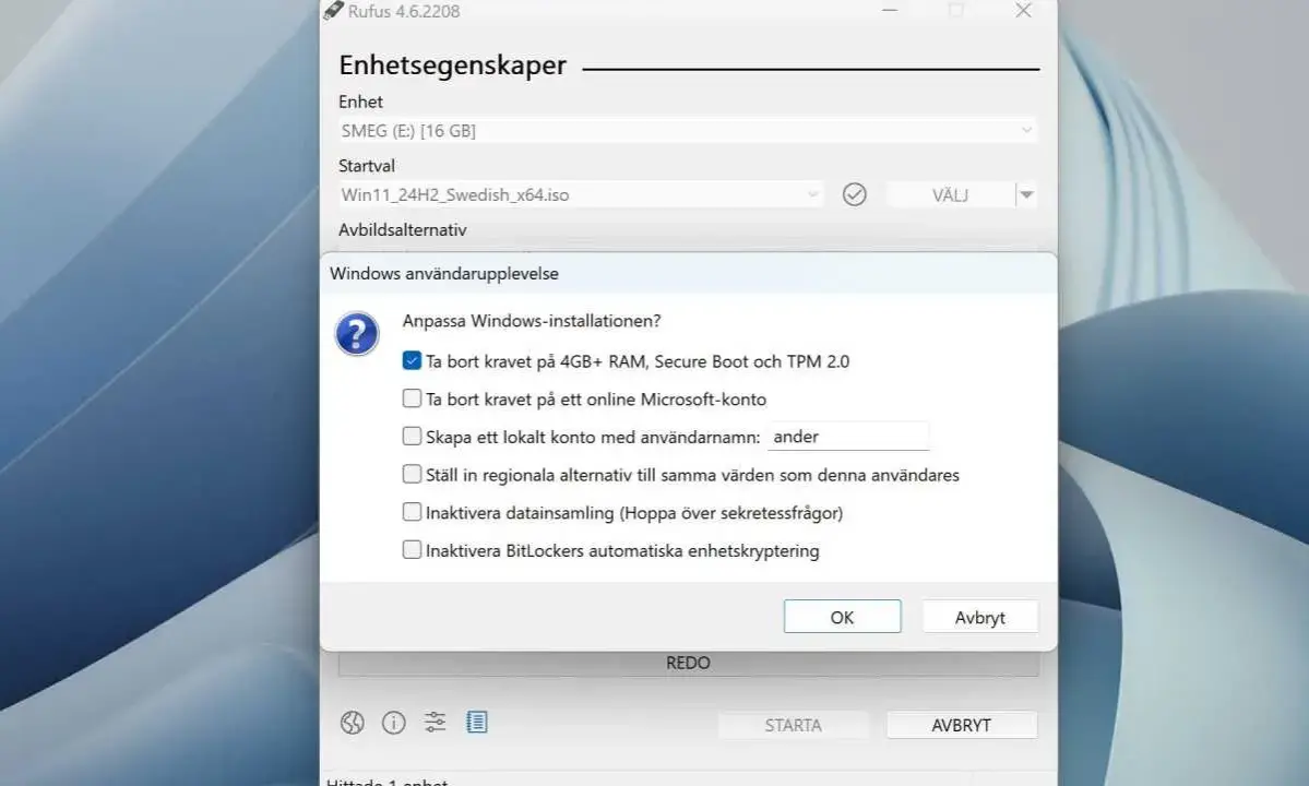 Rufus-fönster som anpassar installationen av Windows 10 eller 11, tar bort krav på RAM, Secure Boot och TPM.
