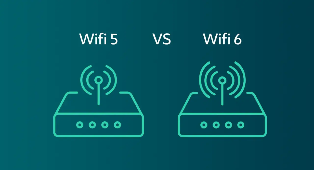 Jämförelse mellan Wifi 5 och Wifi 6 routrar. Två stiliserade routrar visas, en för varje standard, med texten "Wifi 5 VS Wifi 6" ovanför.