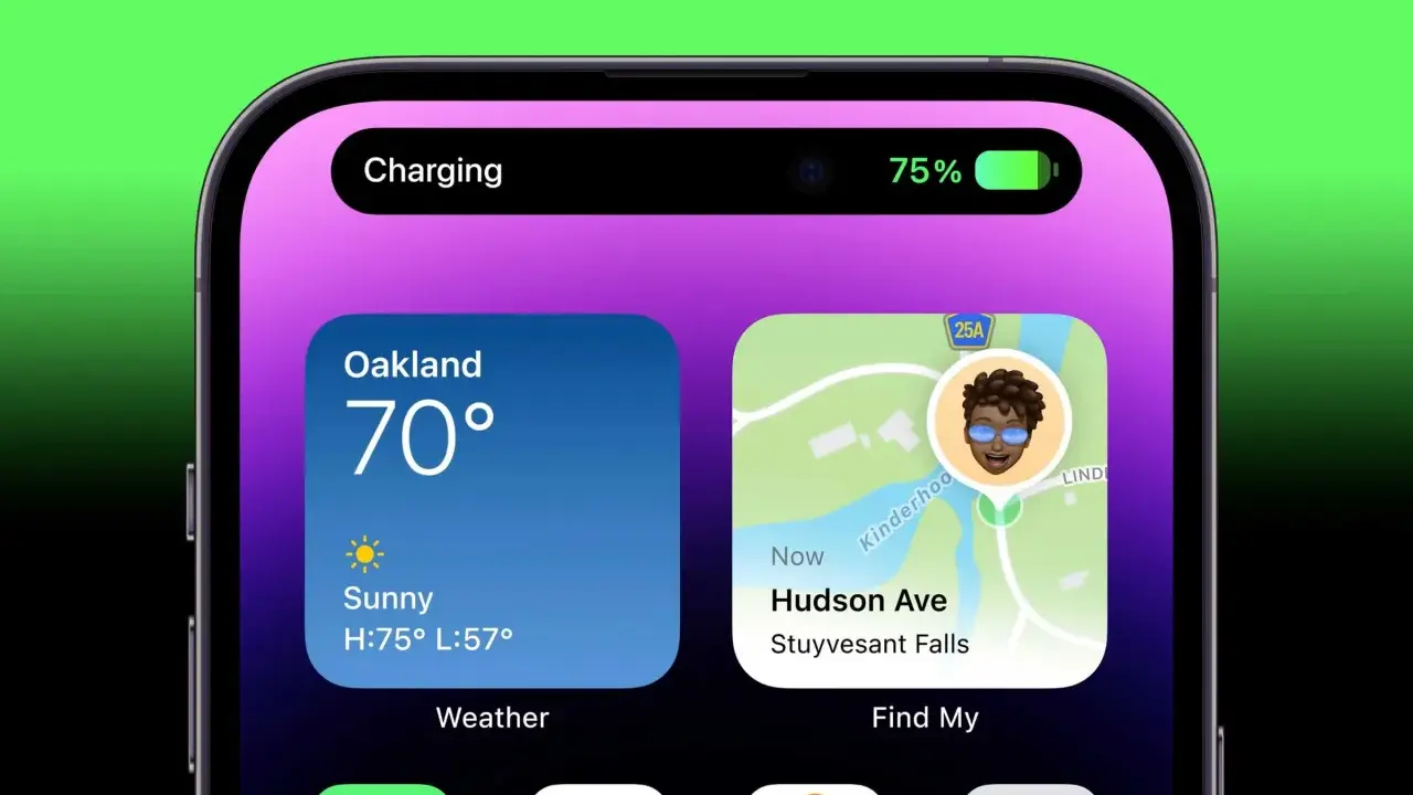 iPhone visar optimerad batteriladdning, 75% laddat. Vädret i Oakland är 70 grader och soligt.