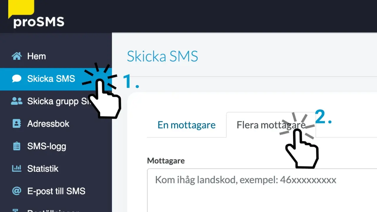 Här visas hur du kan skicka SMS till flera samtidigt. Klicka på "Flera mottagare" för att välja fler mottagare.